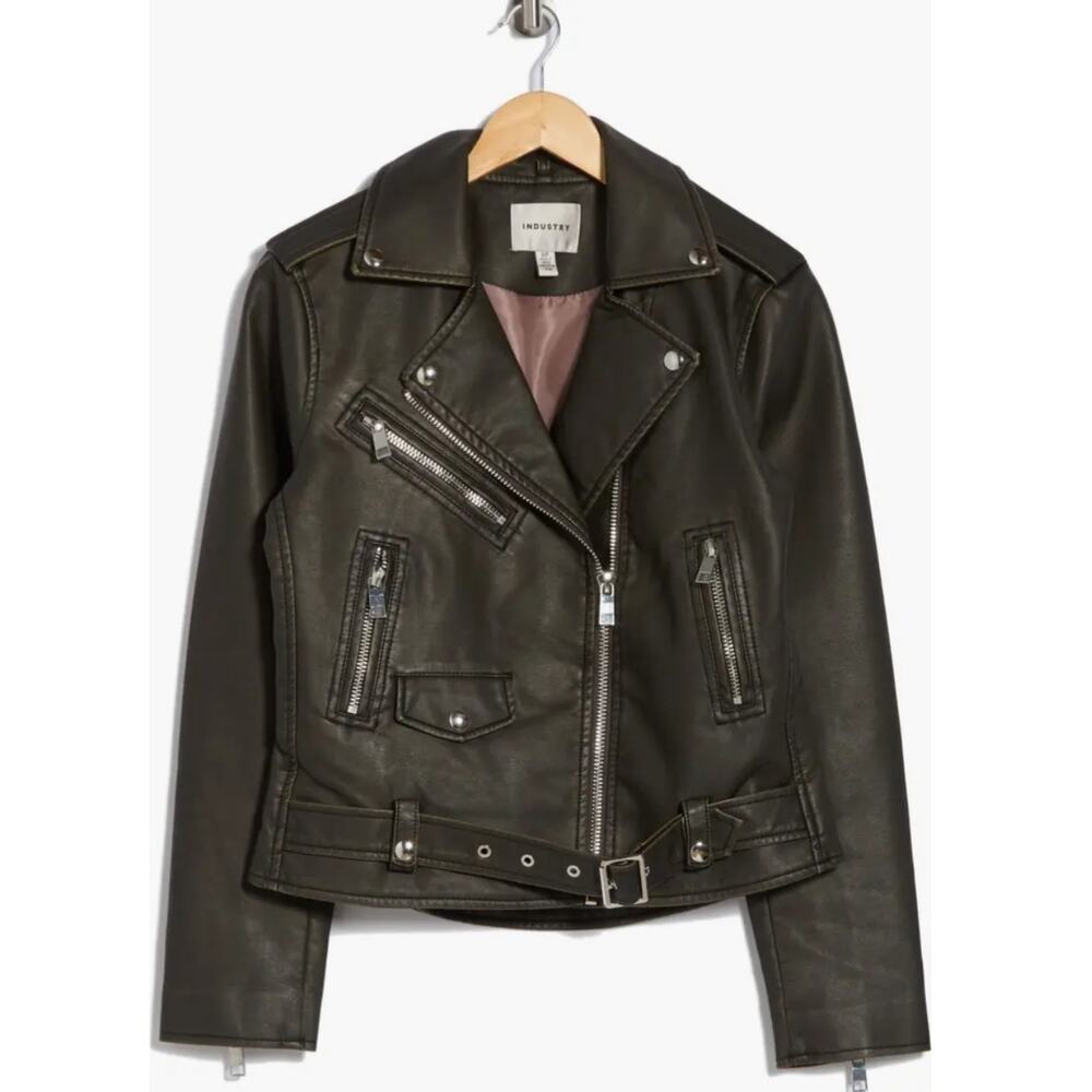 Industry Republic Faux Leather Moto Jacket Brown Black Ash S